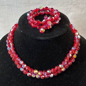 Vintage 1950s Ruby Red AB Crystal Beaded Double Strand Necklace and Bracelet